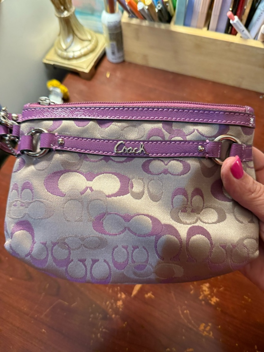 Coach Signature Canvas Wristlet in Lavender and Silver